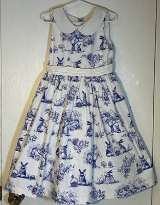 Gymboree Little Girl Sz 6 Dress White Peter Pan Collar Blue Bunny/Easter Basket - Image 1 of 4