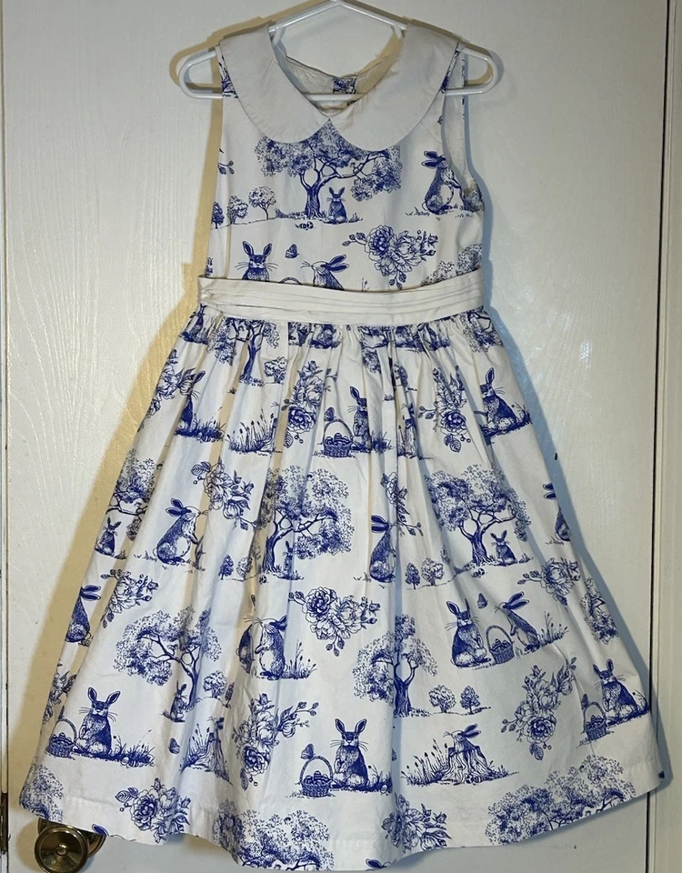 Gymboree Little Girl Sz 6 Dress White Peter Pan Collar Blue Bunny/Easter Basket - Image 1 of 4