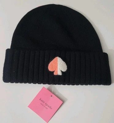 KATE SPADE KNIT WOOL BLEND BEANIE WITH CHENILLE PATCH HEATHER BLACK  - Image 1 of 4
