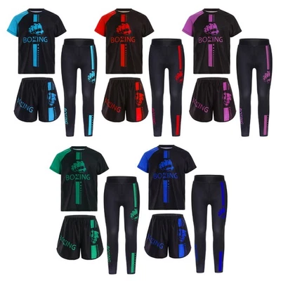 Set 3 Pezzi Bambini Ragazzi Outfit Boxe Costume T-Shirt Moda Cosplay Stampato - Immagine 1 di 3