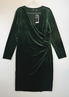 Lauren Ralph Lauren Green Stretch Velvet Surplice Sheath Dress Womens 16 Holiday - Image 1 of 4