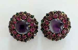 Gorgeous Vintage Signed Weiss Rhinestone Round Cabochon Purple Stone Earrings - Picture 1 of 5