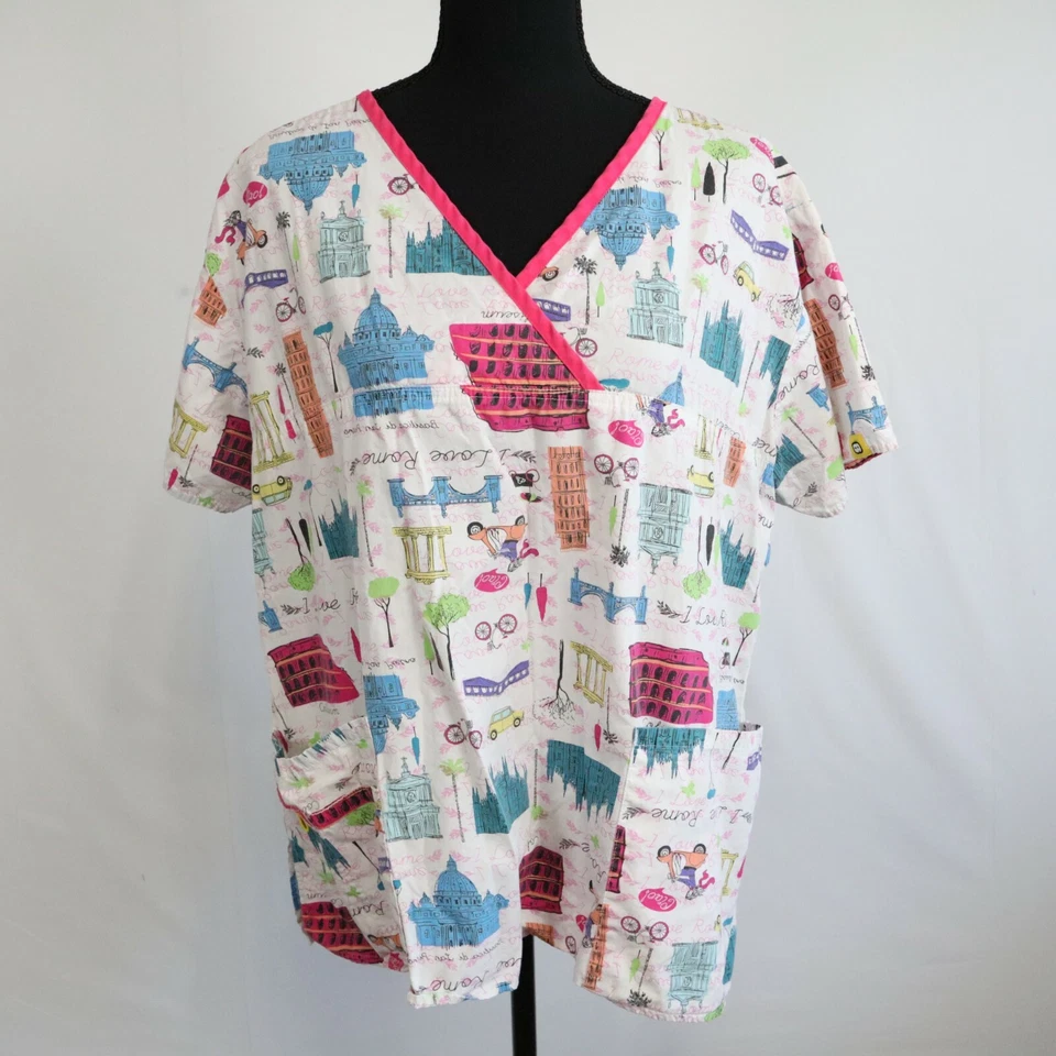 WonderWink Scrub Top Womens XL Medical Uniform I Love Rome Colorful Short Sleeve - Image 1 of 4