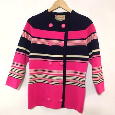Cárdigan Vintage Años 60 Rayas Rosa y Azul Lana Hecho en Italia Suéter Foto 1 de 4