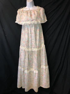 Vtg 70s Vicky Vaughn Off Shoulder Maxi Dress Ditzy Prairie Floral M Boho Lace - Picture 1 of 10