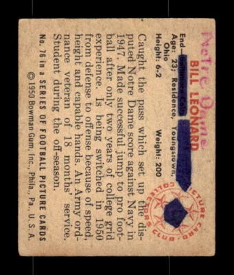 1950 Bowman #76 Bill Leonard RC  POOR - EXACT SCAN - WRITING ON BACK - LOW GRADE - Image 1 of 2