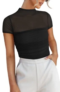 REORIA Women Sexy Mock Turtle Neck Short Sleeve Shirts Sheer Mesh Ruched Trend S - Picture 1 of 9