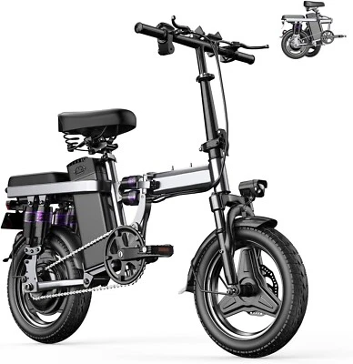 Bicicleta elétrica dobrável 400W motor 14" pneus 22mph 20 milhas alcance 48V bateria preta - Imagem 1 de 4
