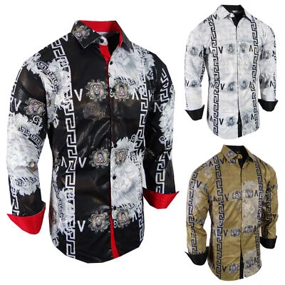 Camisa Para Hombre Lujo Estampado Animal Dorado Italiano Rayas Brillo Elastizada Calce Ajustado Botón Foto 1 de 4