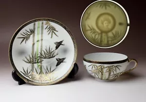 Tazza da tè e piattino in porcellana Lithophane geisha due passeri bambù piccola tazza Giappone - Foto 1 di 9