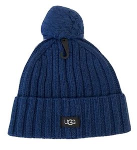 NWT UGG Pompom Solid Rib Knit Beanie Hat Blue OS - Picture 1 of 7