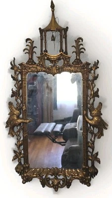 Espejo de pared pagoda madera tallada Chippendale chino vintage dorado Foto 1 de 4