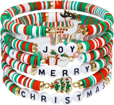 Paquete de 6 pulseras de Navidad Artlunar: pilas estilo caramelo alegre y feliz para mujer y Foto 1 de 4