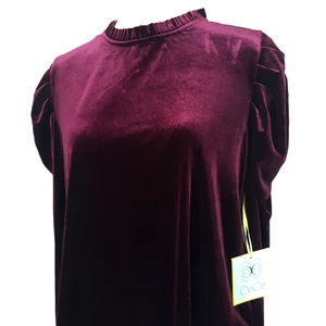 CeCe Velvet Puff Sleeve Top Women's Size 1X High Ruffle Neck Dark Romantic Wine - Picture 1 of 9