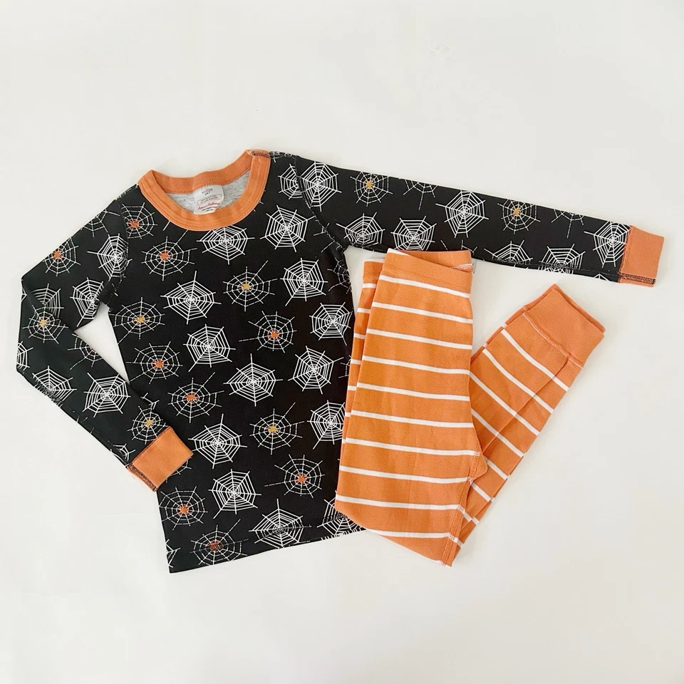 Hannah Andersson Halloween Pajamas Size 6 7 Spider Web Stripe Orange Black Org - Image 1 of 3