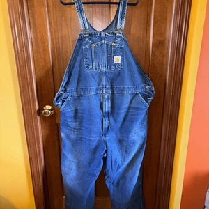 Carhartt Bib Overalls Mens 48x32 Blue Denim Workwear Carpenter Utility R07 DST - Picture 1 of 5