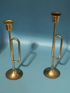 2 Vintage Messing Weihnachten Trompete Kerzenhalter Paar - Bild 1 von 7