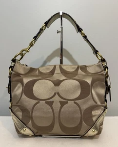 Coach Carly Optic Signature Hobo Shoulder Bag Metallic Gold Trim Khaki Brown - Picture 1 of 19