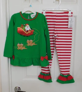 Neu mit Etikett 2 Stck. seltene Editionen Weihnachtsmann & Rentier Top & rot gestreifte Leggings Gr. 5 6 - Bild 1 von 1
