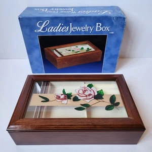 Nussbaum Finish Schmuckkästchen Buntglas 10" x 6" Klappdeckel Holz Original Box - Bild 1 von 14