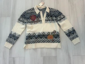 Johnny Was Fairisle Polo Embroidered Wool Cashmere Sweater Sezana L NWT $398 - Picture 1 of 1
