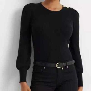 Lauren Ralph Lauren Women's Sweater Gold Button Trim Ribbed Puff Sleeves Black - Picture 1 of 9