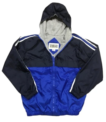Vintage Boys Original Windbreaker XL 14/16 Black and Blue Striped Lined Interior - Image 1 of 4