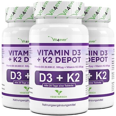 180 - 540 Tabletten Vitamin D3 20.000 I.E. + Vitamin K2 200mcg Natürliches MK-7 • 55.90€