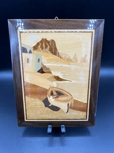 Vintage Mid Century Holz Intarsien Intarsien Capri, Italien, Küste mit Boot - Bild 1 von 13