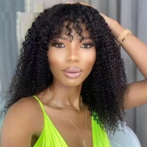 Brazilian Curly Wig 12A 18" Kinky Curly Human Hair Wig with Bangs Long Afro Wig - Picture 1 of 8