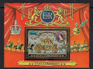 1977 COMORO ISLANDS QEII SILVER JUBILEE GOLD M/S AND STAMP. MNH**. SEE SCANS - Picture 1 of 2