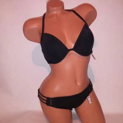 Bikini de natación Victoria Secret 34D parte superior parte inferior media negro macramé push up tiras Foto 1 de 4