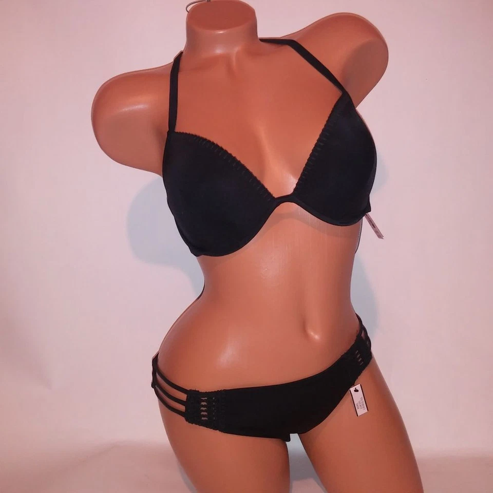 Bikini de natación Victoria Secret 34D parte superior parte inferior media negro macramé push up tiras Foto 1 de 4