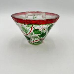 YANKEE CANDLE Crackle Glass Jar Shade Green Pine Needles Leaves Red & Gold Trim - Picture 1 of 6