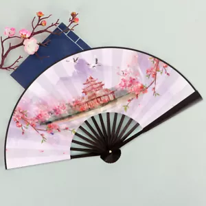Chinesischer Blumenturm mit Kirschblüte & Heavkranen Holzhandventilator ccfan212 - Bild 1 von 1