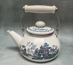 Blue Willow Enamelware Tea Kettle Teapot Vintage - Picture 1 of 6