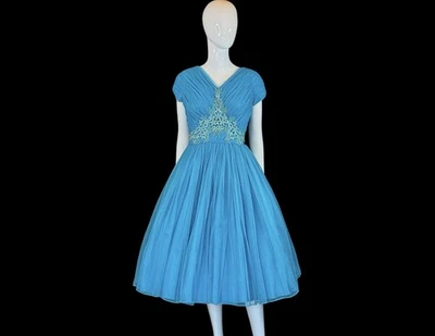 VESTIDO DE FORMATURA VINTAGE 1950'S 50S PAVÃO azul chiffon saia completa festa / XS P - Imagem 1 de 4