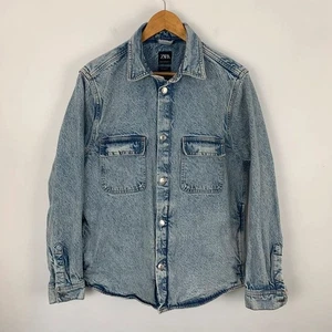 Zara Denim Over Shirt Shacket Medium Light Wash Button Up Jacket Pockets Casual - Picture 1 of 14