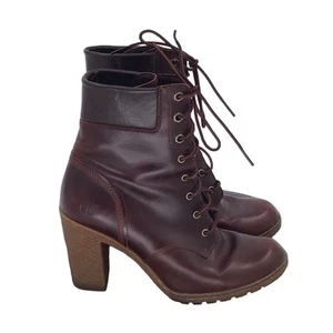 Timberland Boots Women's Brown Burgundy Leather High Heel Lace Up Boots Size 8 - Picture 1 of 9