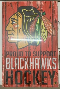 CHICAGO BLACKHAWKS PROUD TO SUPPORT HOCKEY WOOD SIGN 11"X17'' NEW WINCRAFT ๐ - Picture 1 of 1