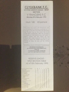Clydebank v Rangers Reserve League West Programme February 1993 - Picture 1 of 1