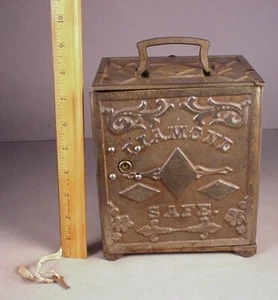 Antique Huge Cast Iron Coin Bank 7.5" Diamond Safe & wood Drawers USA Kenton ? - Picture 1 of 12