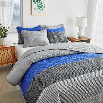 Boho Striped Quilt Set King Size, 3 Pcs Navy Blue and Grey Reversible Bedspread, - Image 1 of 4