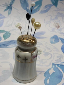 vintage Hat pin Holder Shaker glass pearl hatpins Pink floral roses Gold Gilt - Picture 1 of 5