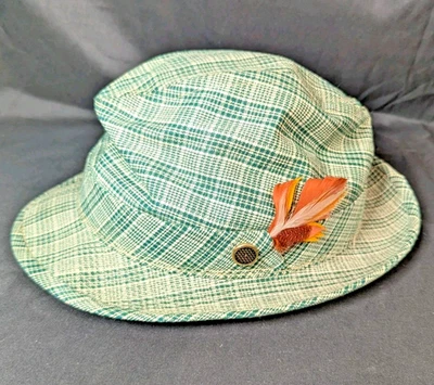 Sombrero Fedora Vintage Tweed Verde A Cuadros con Banda de Plumas S 7 Lluvia Ojo Privado Foto 1 de 4