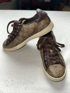 COACH Low Top Signature Sneaker Shoes Women's KHAKI Mahogany Size 9B - Picture 1 of 11