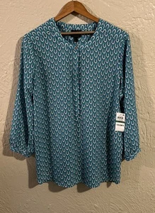 JM Collection Folk Mix Top Women’s L Geometric Mix Color 1/2 Button Front NEW - Picture 1 of 9