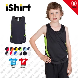 5PC X KIDS SINGLET COOL DRY SWEAT WICKING 100% POLYESTER GYM TRAINING ACTIVEWEAR - Picture 1 of 16