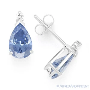 Pear-Shape Simulated Aquamarine Cubic Zirconia 925 Sterling Silver Stud Earrings - Picture 1 of 1