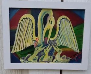 Original painting of old Louisiana flag pelicans, 6x8 in white frame - Picture 1 of 3